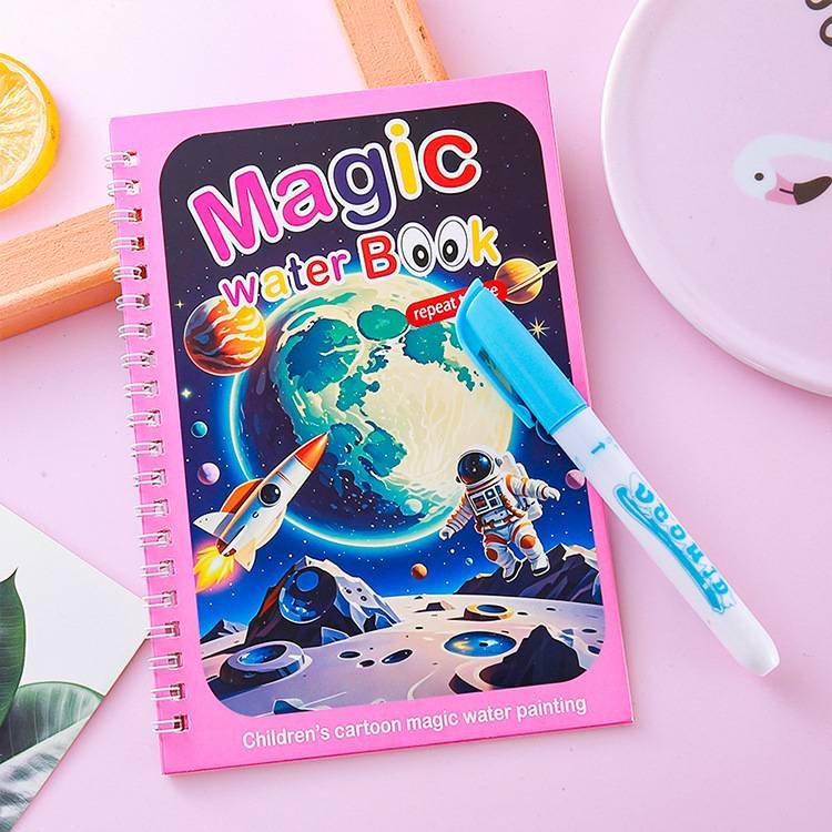 2 PCS Magic Water Colouring Book Reusable Mess Free Painting Set Space Astronaut and Cartoon Puppy Themes with Refillable Water Pens for Kids Travel Activity