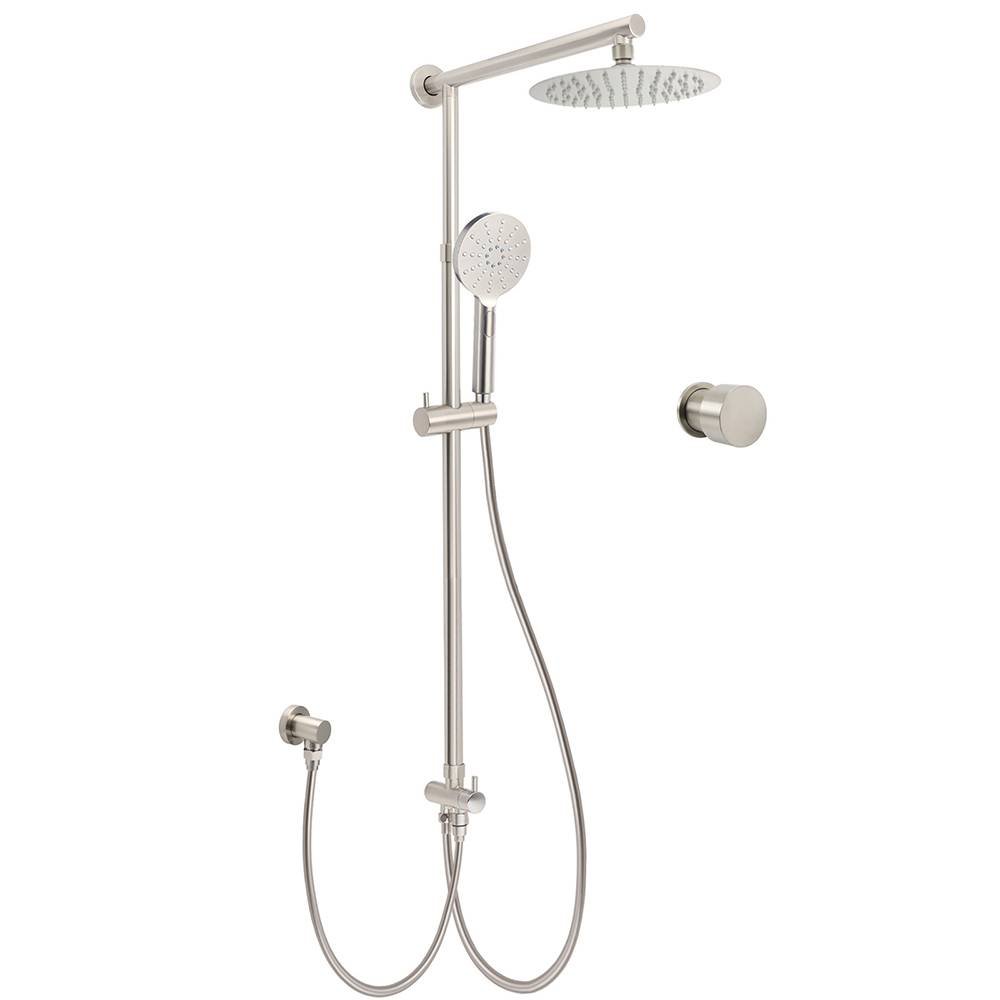 Brushed Nickel 8" Thin Rain Head Twin Shower Handheld Sliding Rail Arm Set With Mixer
