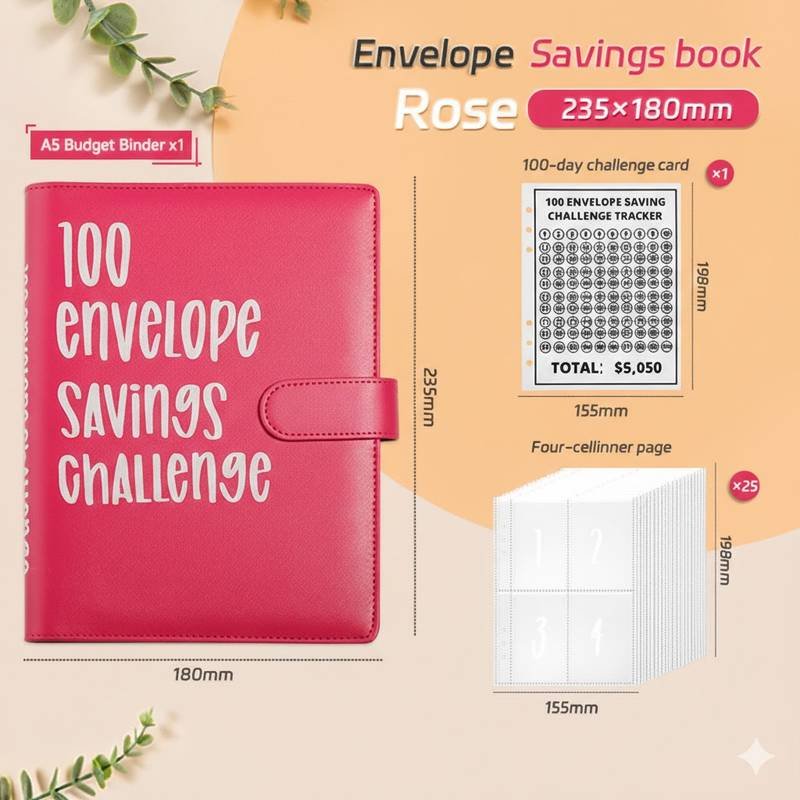 100 Envelope Savings Challenge Binder A5 Budget Planner Book PU Leather Cash Stuffing Money Organiser with Magnetic Closure & Tracker (Red)
