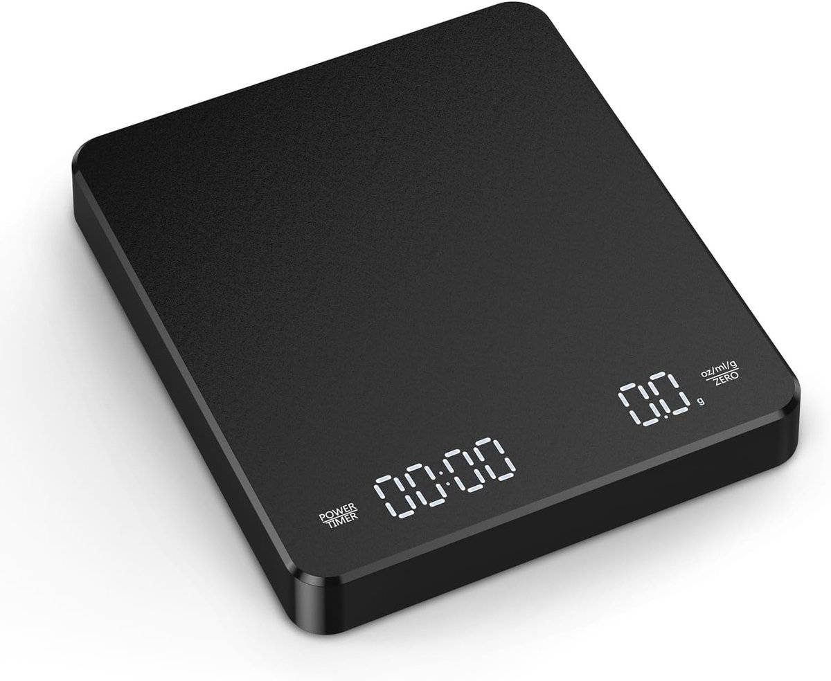 Coffee Scale - Digital Coffee Scale with Timer - Rechargeable for Filter Coffee, 3 kg / 0 g Digital Espresso Scale - with Peeling Function - 3 Units, LED Display - Black