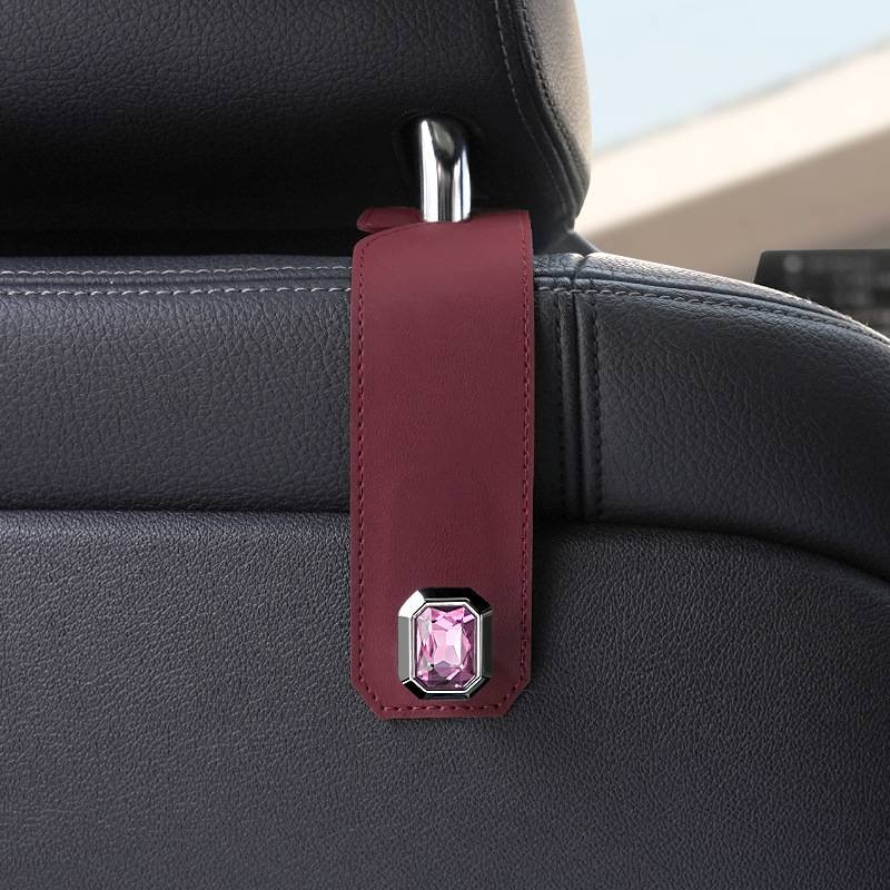 Claret Car Multi-Functional PU Leather Hook with Crystal Decoration – Hidden Storage Hook for Front and Rear Seats (Set of 2)