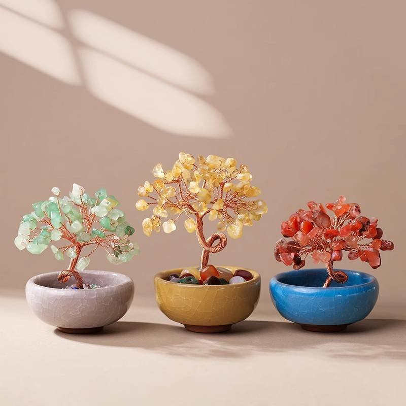 Natural Yellow-Purple Crystal Money Tree with Agate Basin & Adjustable Wire Branches - Desktop Feng Shui Decor for Wealth and Prosperity