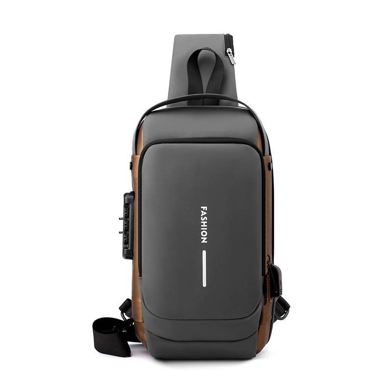 Grey Gold High Capacity Anti-Theft Tactical Chest Bag - Waterproof Leather-Film Sling with USB Charging & TSA Password Lock