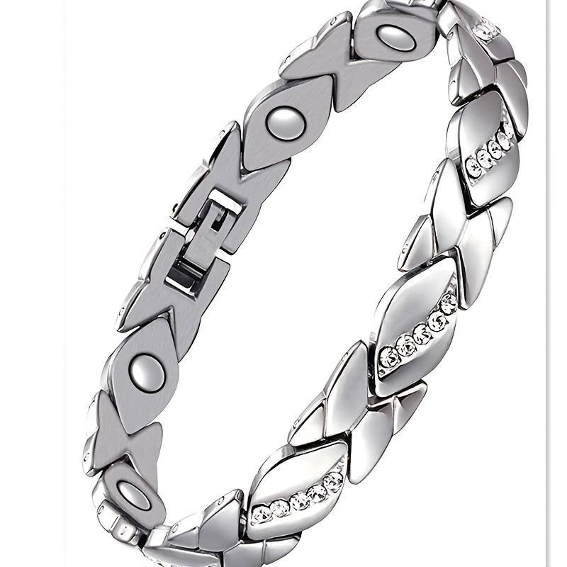 Leaf Magnetic Therapy Bracelet with Rhinestones - Geometric Stylish Wristband & Wellness Jewelry, Free Removel Tool(Sliver)