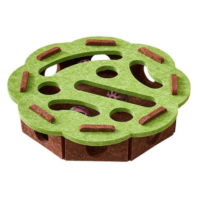 Green-Brown Felt Puzzle Flower Shape Box Cat Toy with 2 Metal Bell Balls - Scratch-Resistant & Interactive Hide-and-Seek Toy, Brain Stimulating Fun