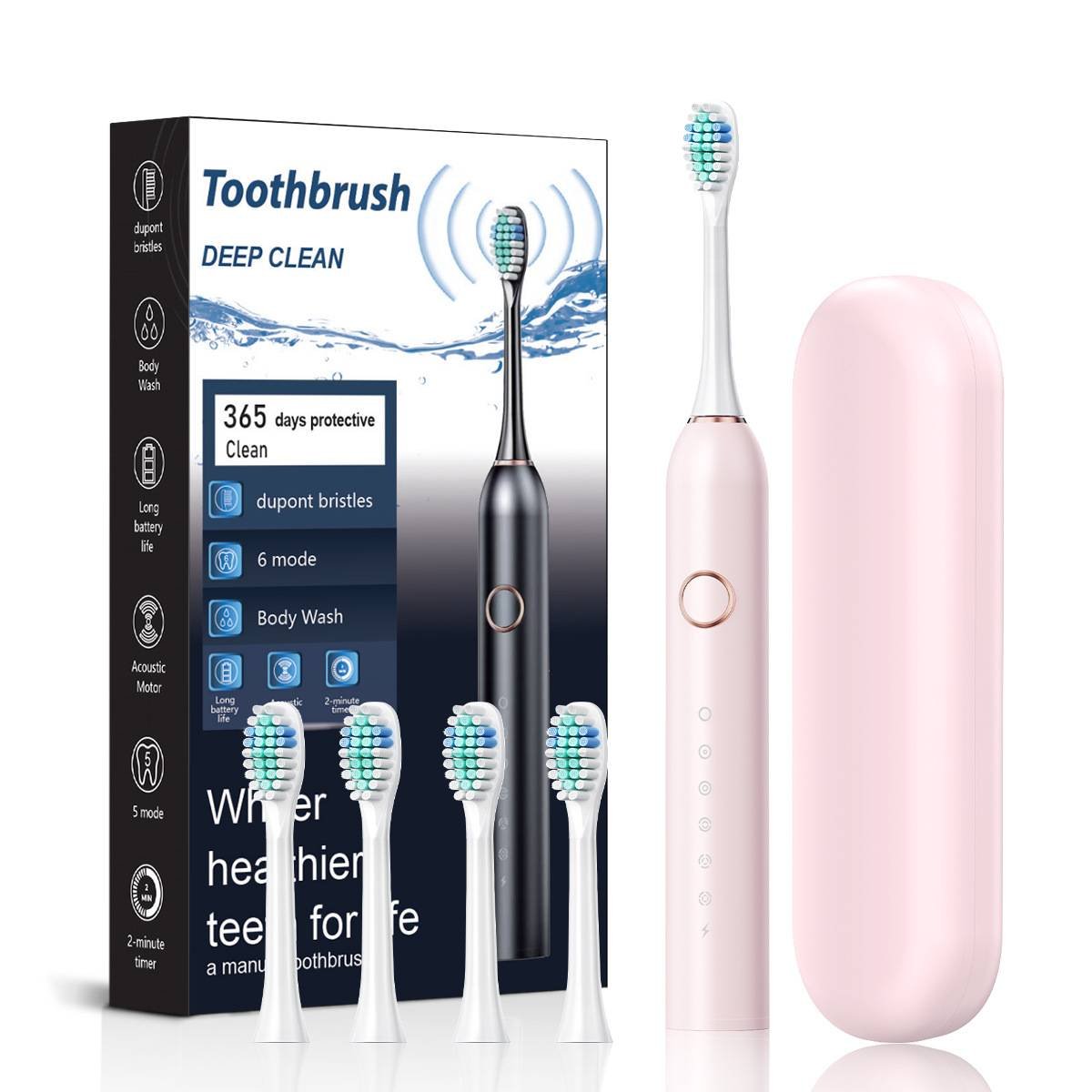 Pink Smart Sonic Electric Toothbrush Kit with 4 Heads & Travel Case - 6 X Cleaning Modes and High-Frequency Vibration with Soft Protective Bristles