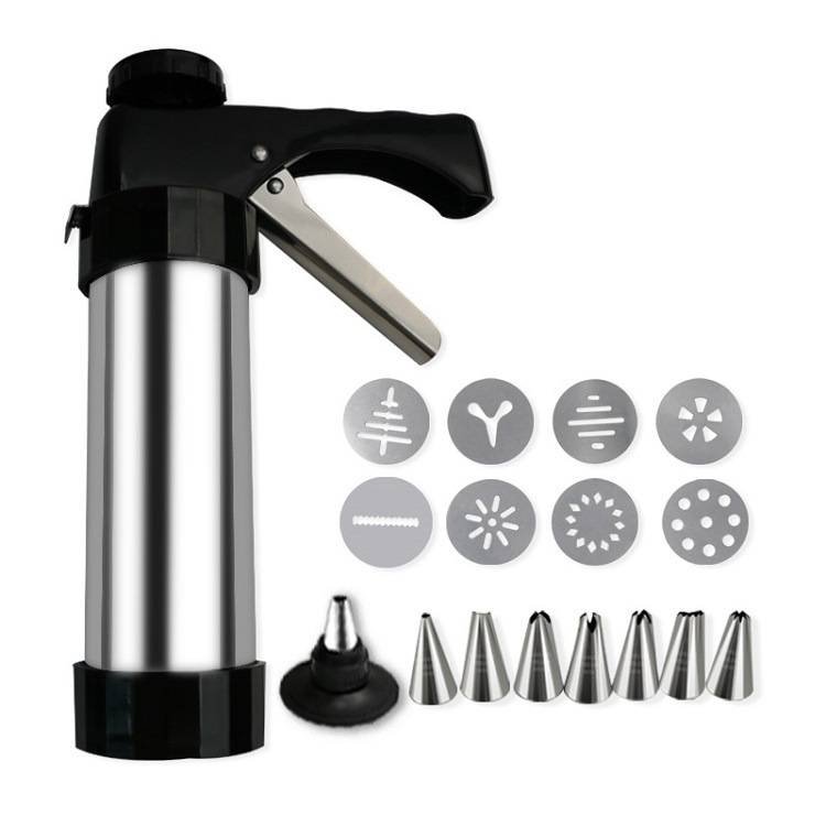 Stainless Steel Cookie Press Gun Kit Biscuit Maker & Icing Decorator Set with 8 Discs 8 Nozzles Heavy Duty DIY Baking Tool for Cakes