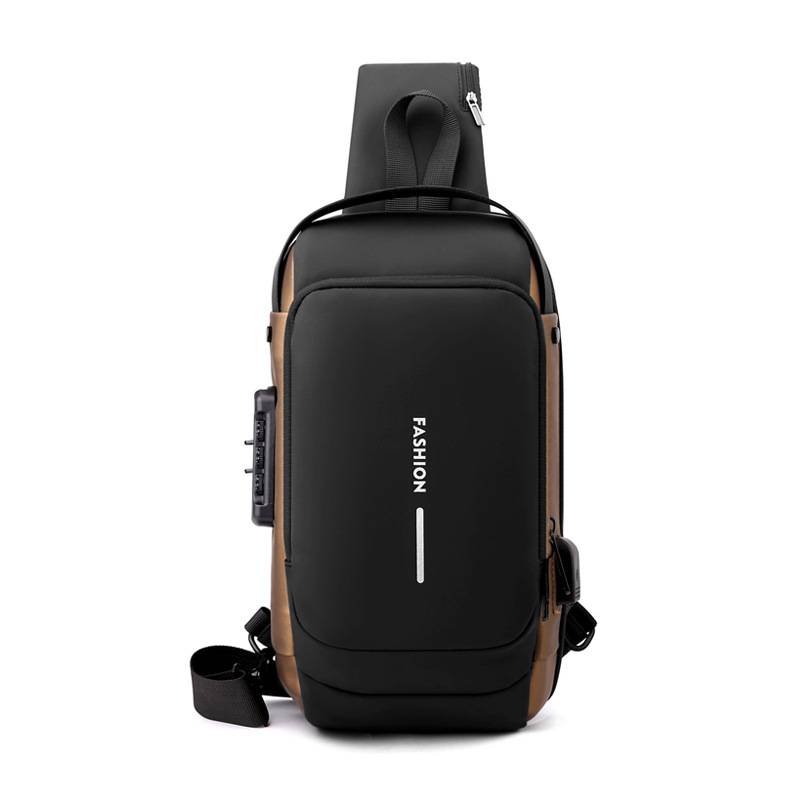 Black-Gold High Capacity Anti-Theft Tactical Chest Bag - Waterproof Leather-Film Sling with USB Charging & TSA Password Lock