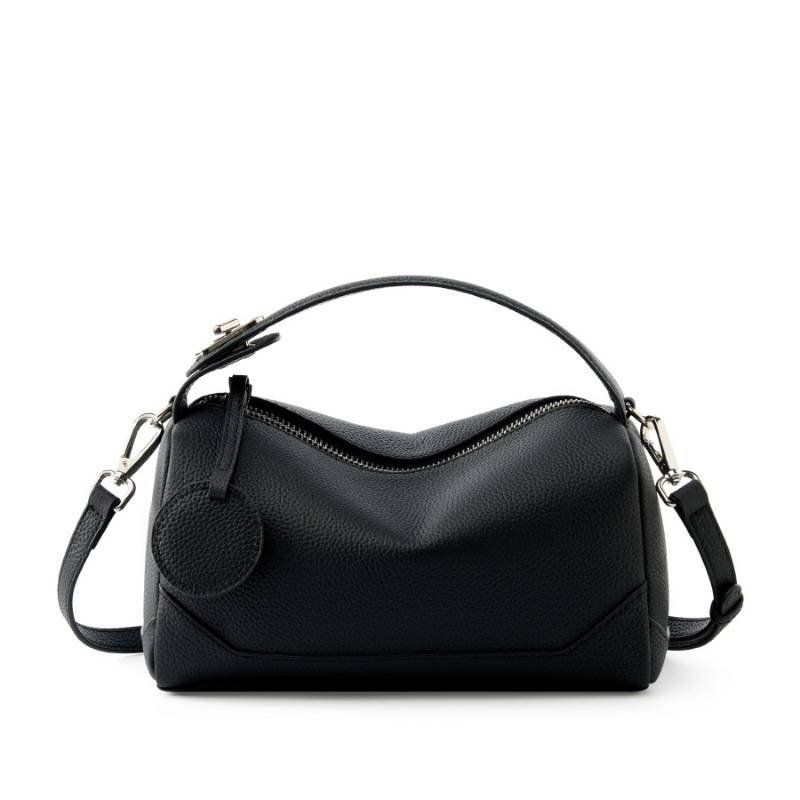 Black Women Genuine First Layer Cowhide Boston Bag Fashionable Handheld Crossbody Shoulder Bag with 115cm Adjustable Strap