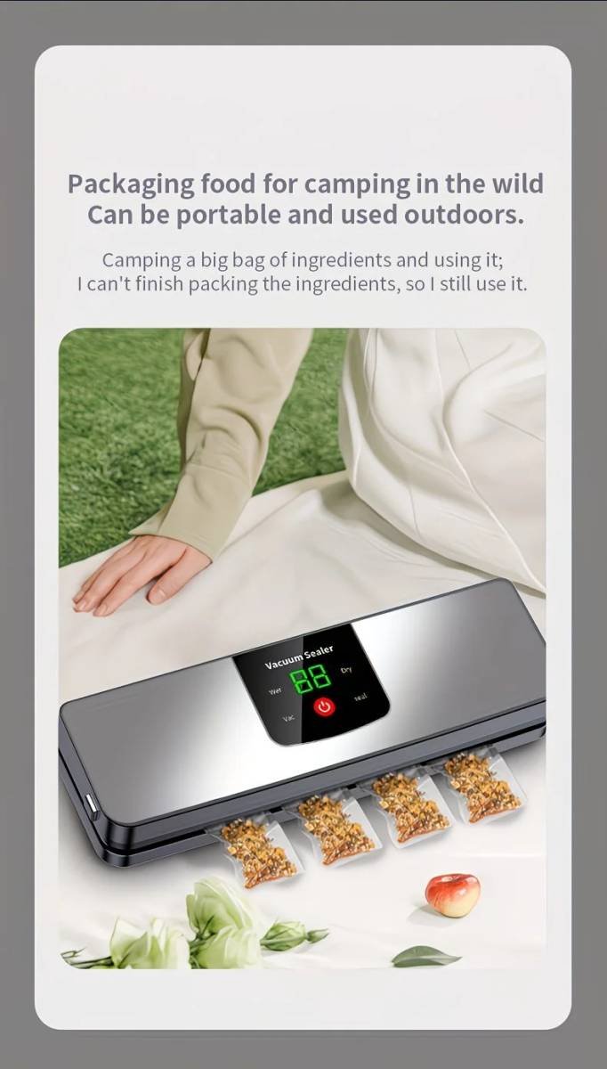 silver Rechargeable Vacuum Sealer with USB Port, designed for preserving food in both dry and wet environments, equipped with an LED screen, ideal for travel and camping.
