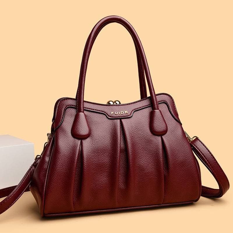 Wine Red Women's Premium Wear-Resistant Leather Shoulder Bag - Vintage Frame Kiss-Lock Handbag & Crossbody Satchel