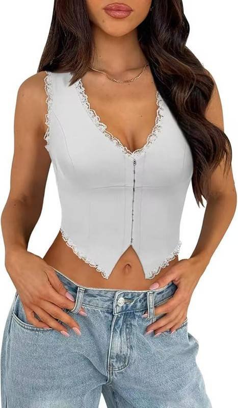 2-Pack White French Vintage Lace Splice Camisole(M Size) - Slim Fit Halter Top with Back Detail and Button Placket