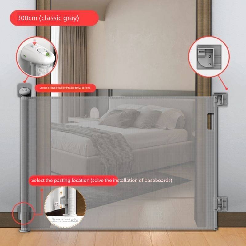 Grey Retractable Baby Safety Gate and Pet Barrier Extra Wide 300cm for Stairs and Doorways No Drill Mesh In-Home Protection Solution for Local Families