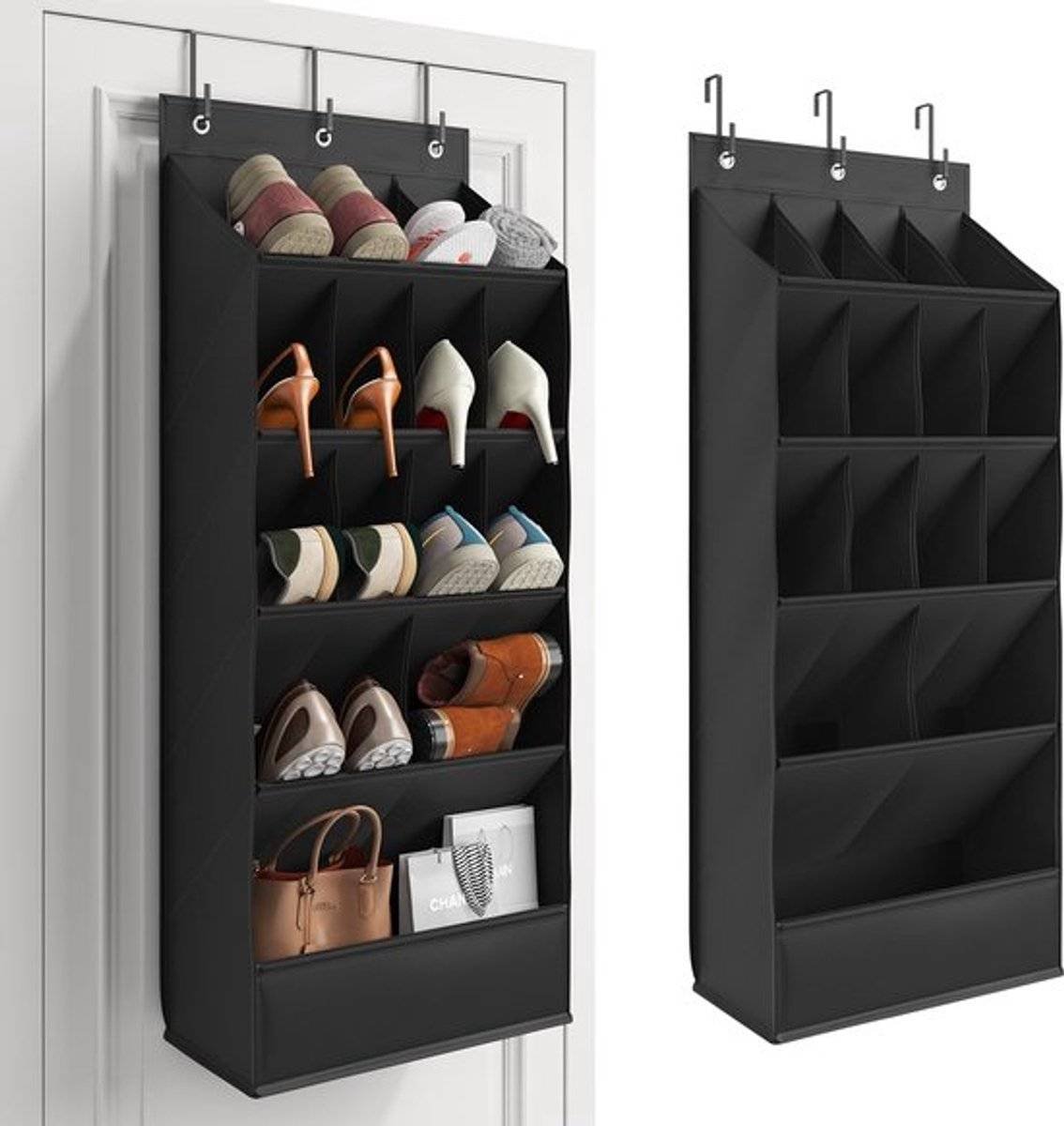 Hanging Shoe Organizer - Shoe Storage - 15 Large Compartments - Met Haken - Over-the-Door Organizer - Space-Saving Shoe Organizer - For Shoes, Home Accessories - Black