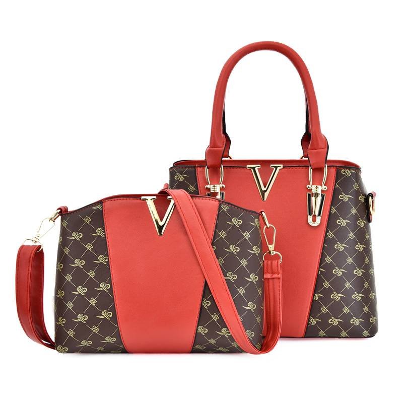 2 PCS Women's Handbag Set PU Leather Tote & Crossbody Purse Fashion Splicing Design Red
