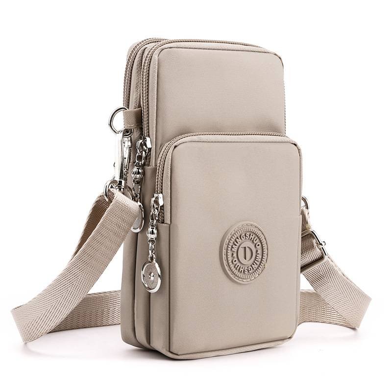 Khaki 3-Layer Waterproof Nylon Vertical Crossbody Phone Bag -  Lightweight Phone Purse with Headphone Jack & Adjustable Strap