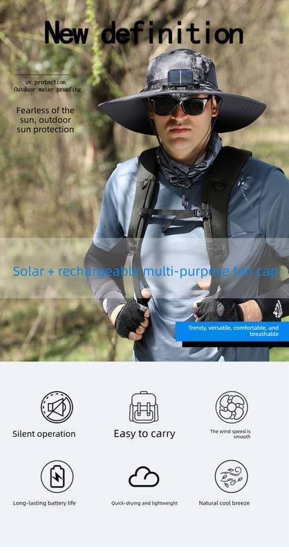 Dual Solar Fan Hat with Rechargeable Battery - Wide Brim UPF 50+ Sun Protection Bucket Hat - Khaki Ink Pattern for Fishing & Camping