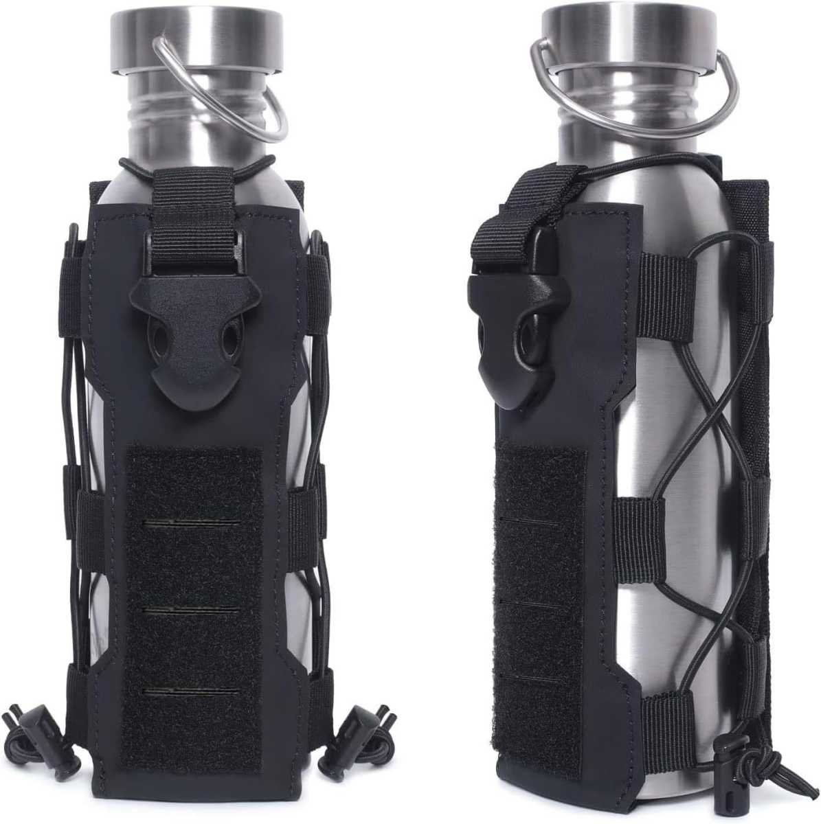 Black Adjustable Tactical Water Bottle Pouch - Multi-Functional MOLLE Compatible Accessory Bag for Hiking & Outdoor Survival