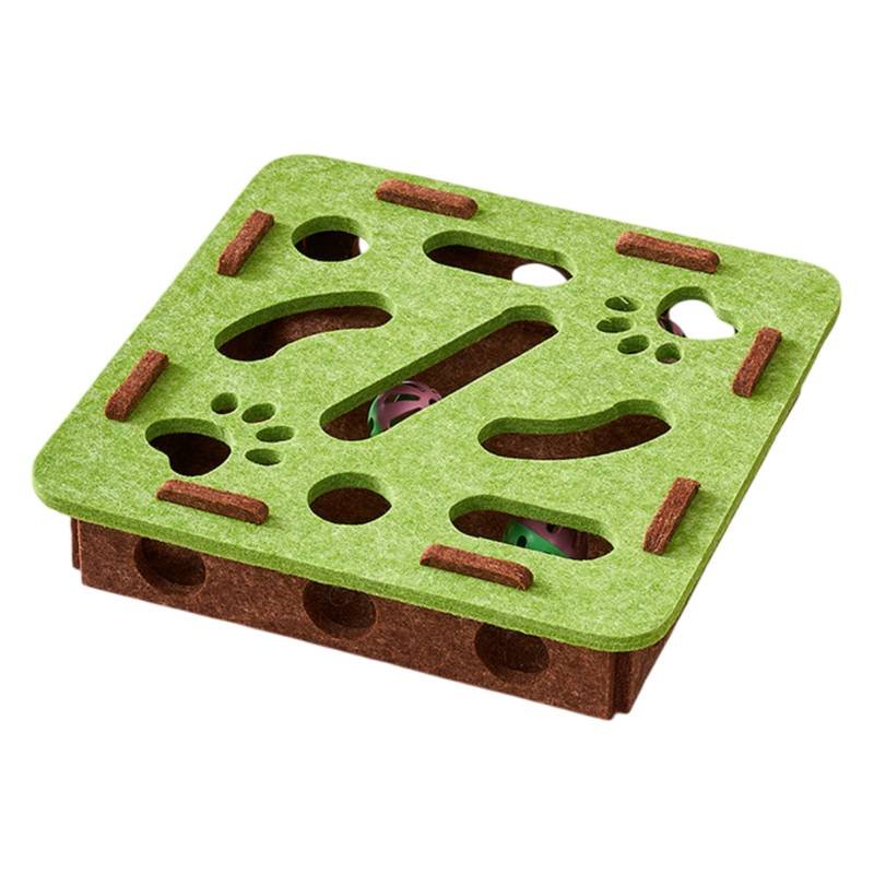 Green-Brown Felt Puzzle Square Shape Box Cat Toy with 2 Metal Bell Balls - Scratch-Resistant & Interactive Hide-and-Seek Toy, Brain Stimulating Fun