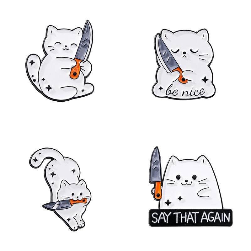 4 PCS Funny White Cat with Knife Enamel Pins Set Cute Cartoon Lapel Badge Brooch for Backpacks Denim Jackets Sassy Aesthetic Gift