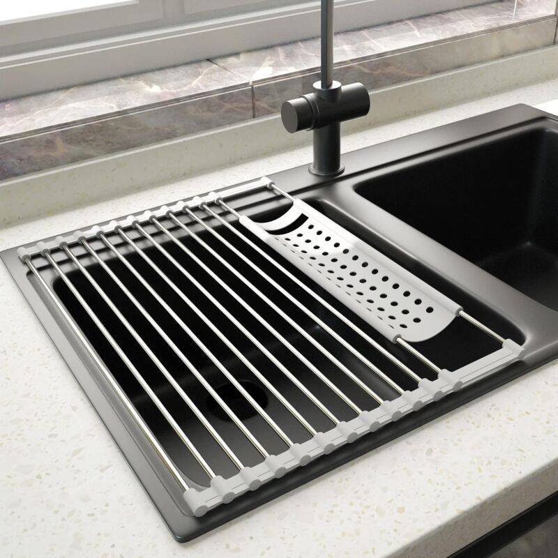Stainless Steel Kitchen Dish Drainer Rack Foldable And Removable Stainless Steel ROller Drying Rack For Sink Draining