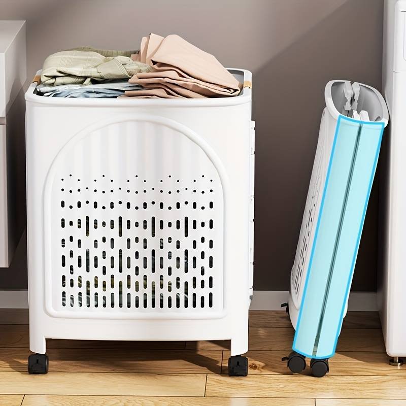 A wheeled foldable plastic laundry basket, suitable for dirty clothes and easy to move. It features a breathable design for convenience and practicality.