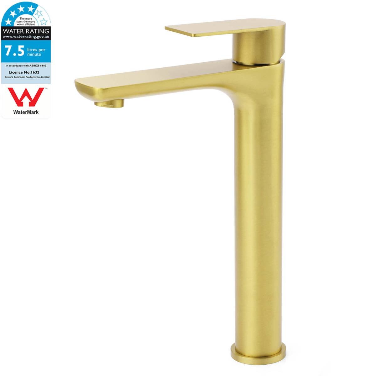 WELS Brushed Gold Round Tall Basin Mixer Bathroom Vanity Faucet Tap Lever Handle