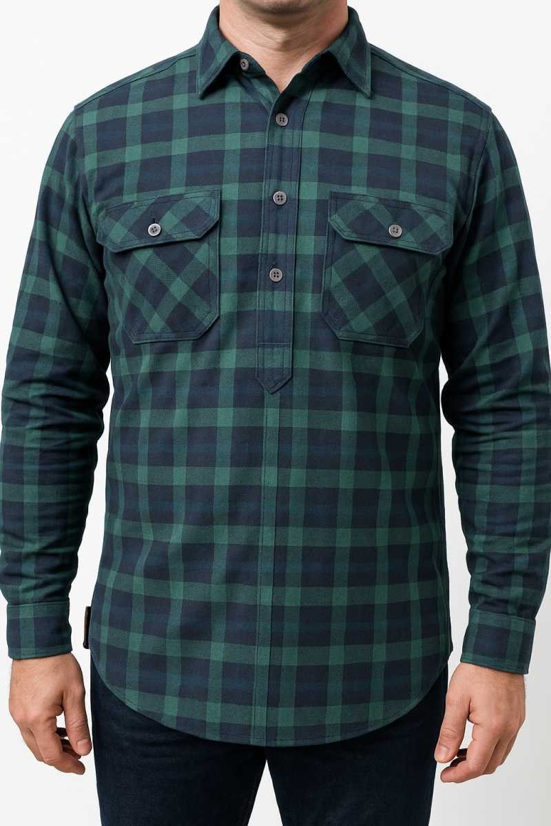 Mens Flannelette Long Sleeve Pullover Shirt 100% Cotton Flannel - Half Placket - Green/Navy - XL