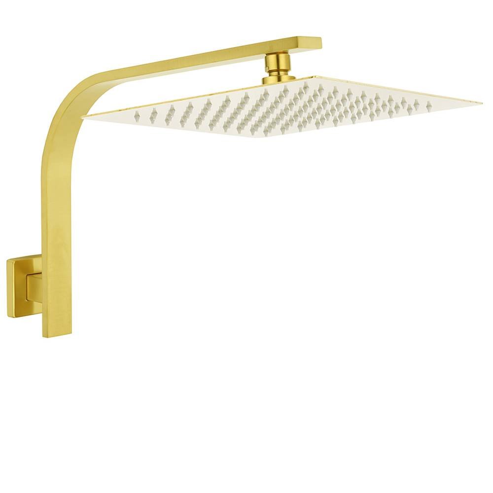 WELS Brushed Gold 12" Square SUS Shower Head + Brass Gooseneck Wall Arm Set