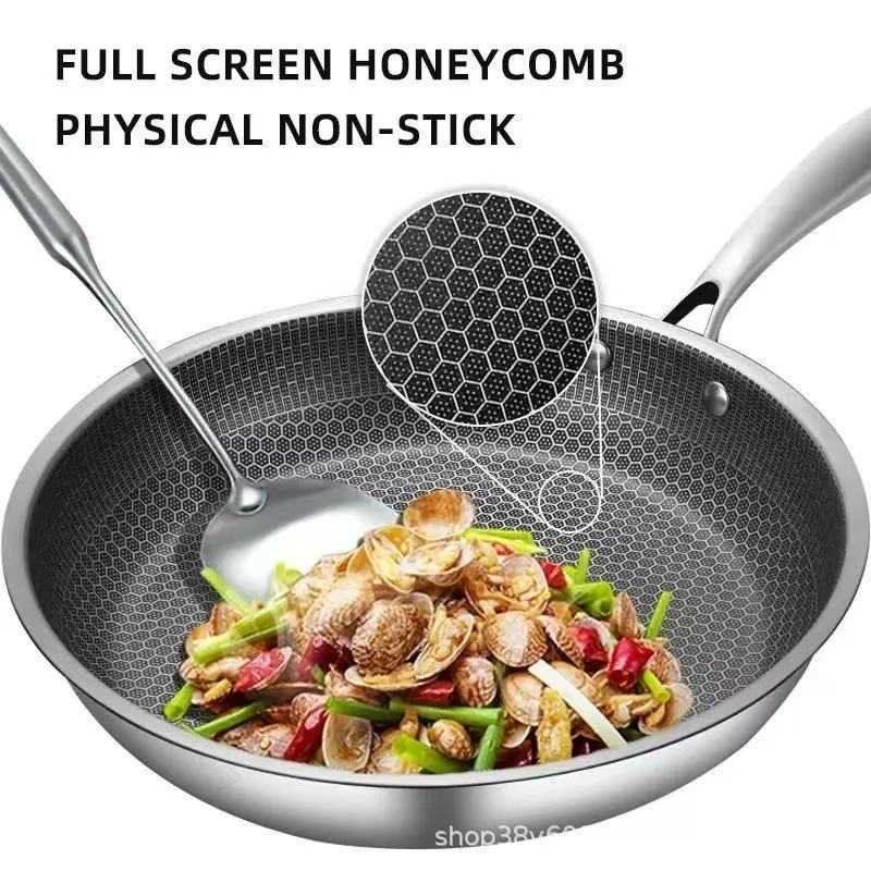 Stainless Steel Non-Stick Frying Pan 26CM Honeycomb Wok Skillet with Lid Induction Compatible Cookware Silver