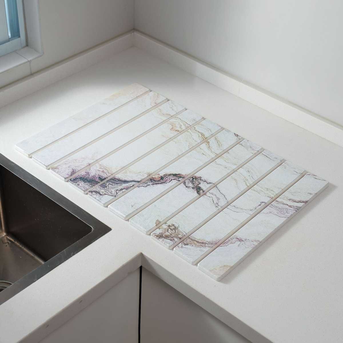 30x40cm Foldable Marble Pattern Kitchen Dish Drainer(Style 2) - Ultra-Absorbent Natural Stone Mat, Fast-Drying & Space-Saving