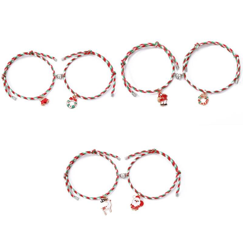 3 Pairs Cute Couple Bracelets - Magnetic Christmas & New Year Friendship Rope Bracelets with Charms (Adjustable, 9.3g)