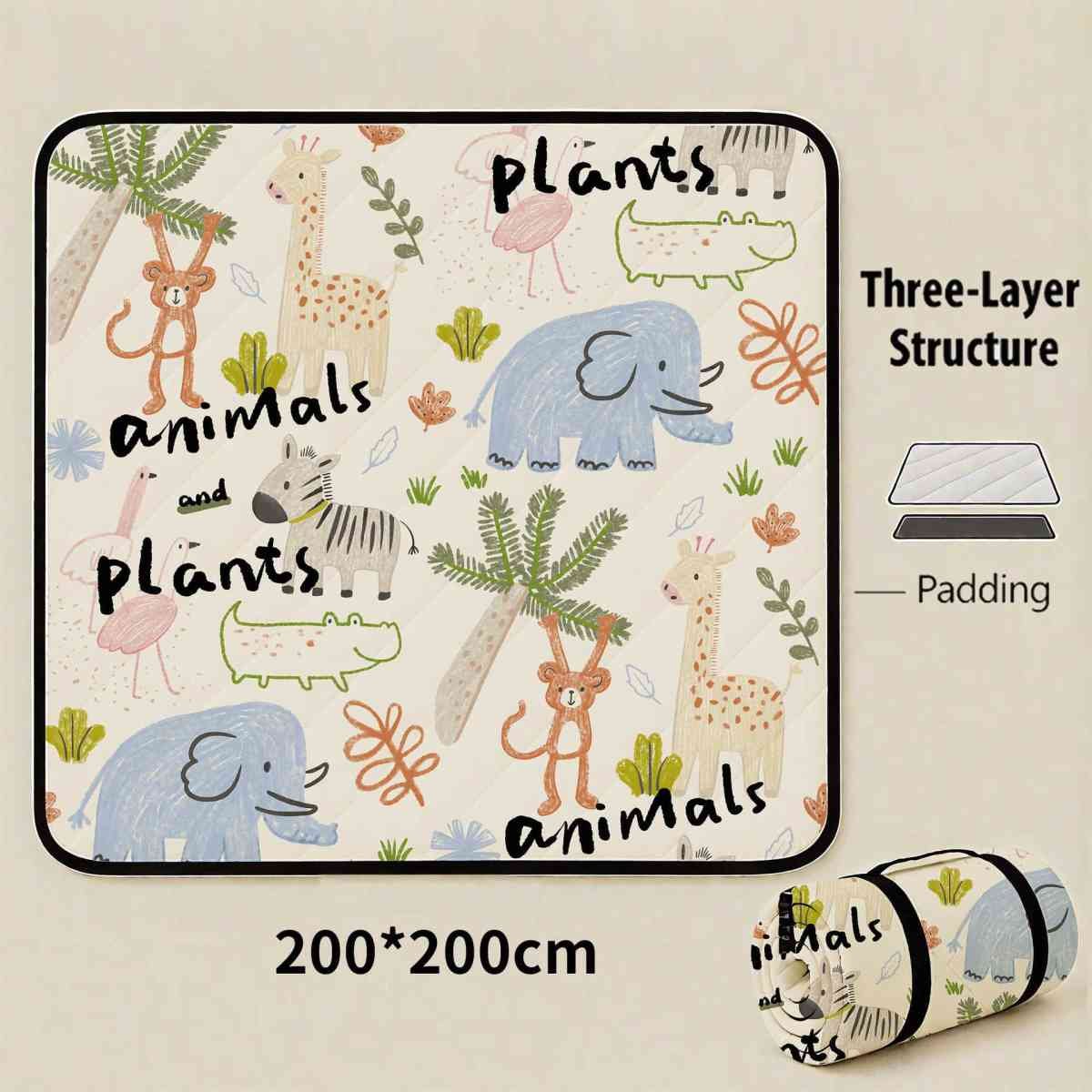 Mini Zoo Extra Large 200x200cm Waterproof Picnic Mat - Portable Thickened Oxford Cloth Outdoor Camping Blanket for Beach, Parks and Family Outings
