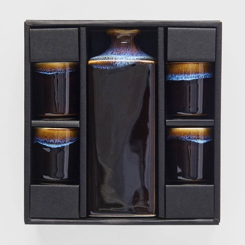 Sake Set 5pcs Tenmokku With Bright Blue Glaze