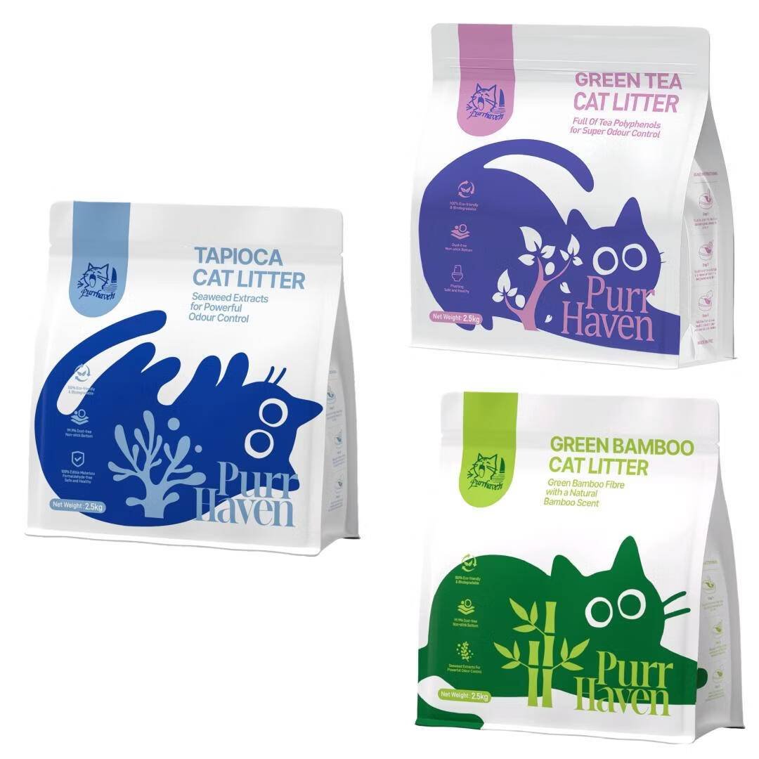 Purr Haven Assorted Cat Litter Set | Tapioca & Green Bamboo & Green Tea | 1 Pack per Type | 2.5 kg Per Pack