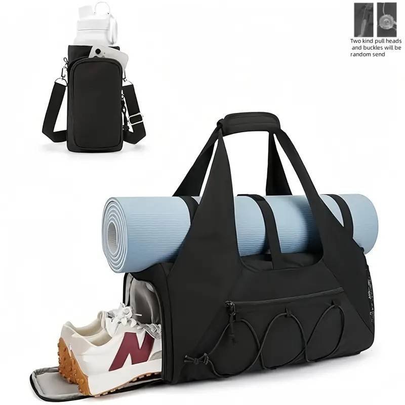Black High-Capacity Yoga Gym Duffel Set with Bonus Bottle Phone Pouch, Separate Shoe Compartment & Yoga Mat Strap