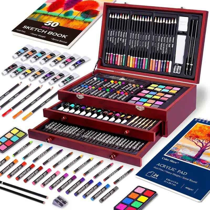 Cherry red 175-Piece Deluxe Art Set with 2 Drawing Boards, Wax Crayons, Acrylic Paints, Colored Pencils, Wooden Storage Case – Professional Painting Kit, Art Supplies, Ideal Gift for Christmas, Halloween, and Back-to-School Season