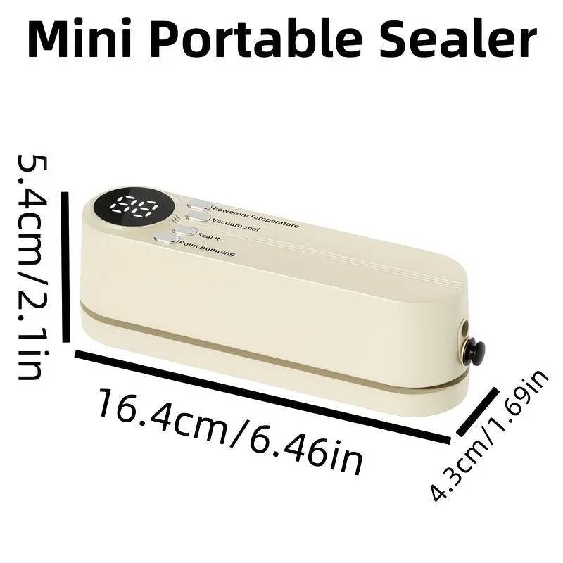 beige.USB Rechargeable Portable Vacuum Sealer, includes sealing bags and a rapid vacuum pump. Space-saving design, suitable for vacuum packing snacks, meat, fruits, and vegetables for food preservation.