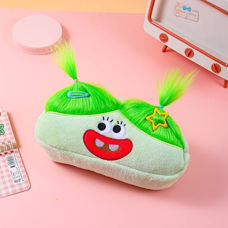 Green Funny Plush Big Eye Monster Pencil Case with DIY Messy Hair Large Capacity Stationery Pouch for Australian Students and School Gift