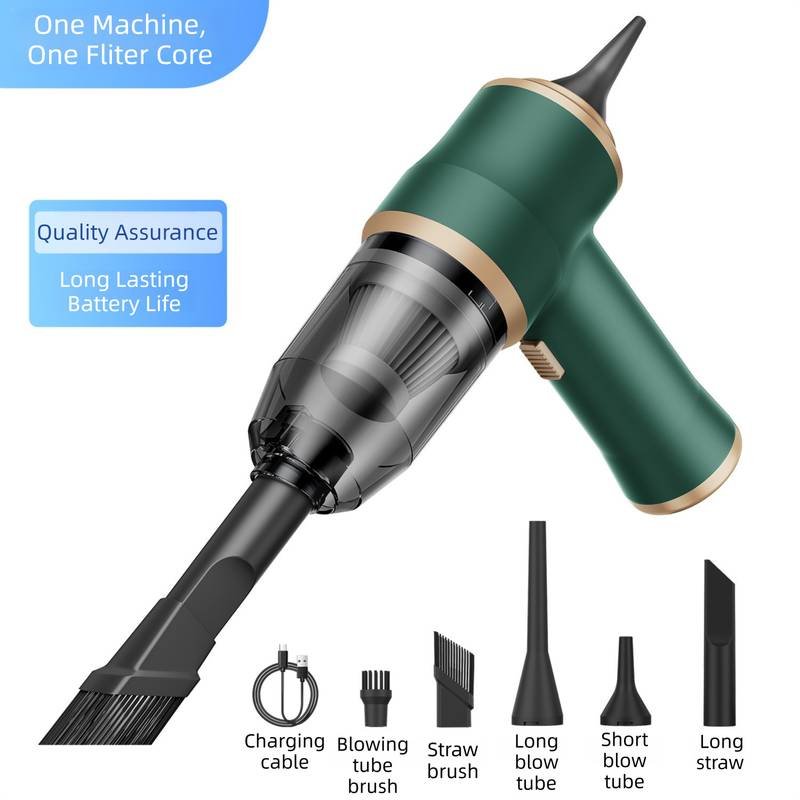 4-in1 Green Wireless Compact Handheld Car Vacuum Cleaner & Air Duster  with 5 Nozzles/Brushes- 5300 Pa High Power Blower/Suction Tool for Auto, Home & Office