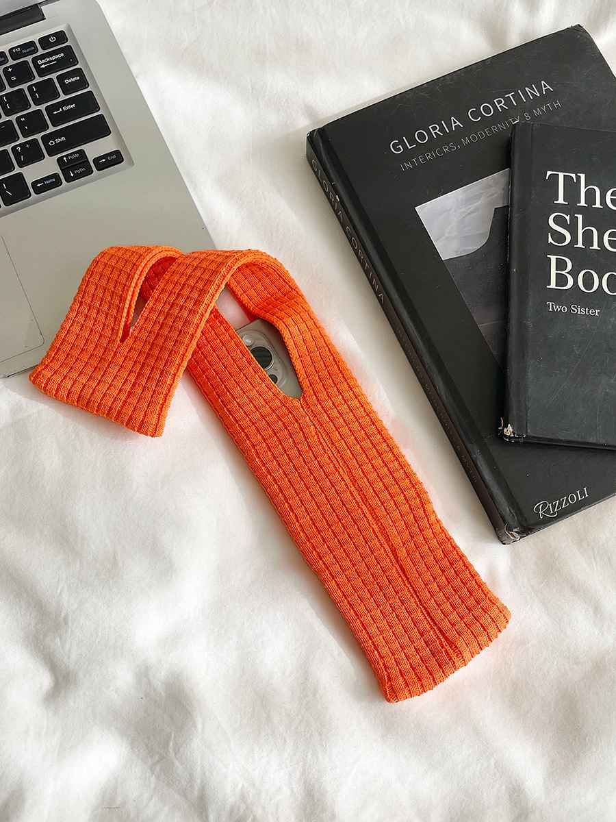 Orange High-Elastic Knit Short Phone Sling Bag – Compact Streetwear Accessory for iPhone, Minimalist Single Shoulder Carry with Stretchy Ribbed Design