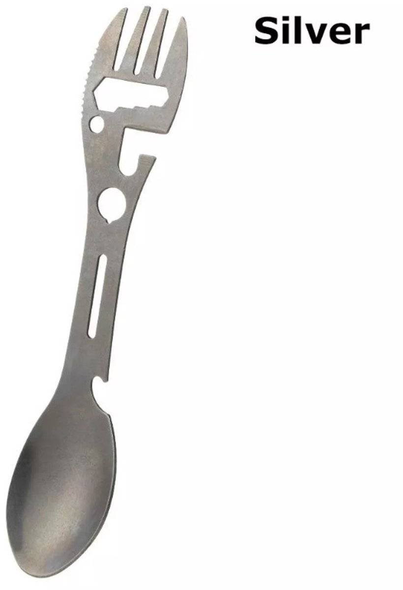 Stainless Steel Spoon and Fork - 10-in-1 Multi-Tool - Works as a combination spoon, fork, knife, bottle opener, and wrench - ideal for picnics, travel, backpacking, hiking, and fishing - Silver