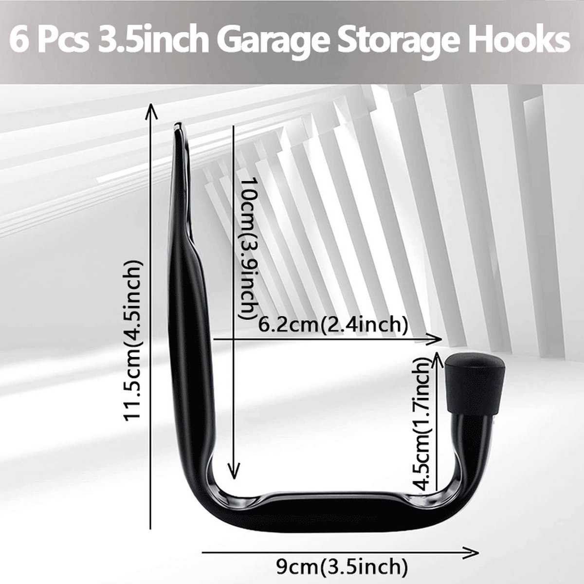 Storage hooks - wall hooks - tool hooks - garage organizer - 6 pieces - 9*11.5 cm - iron - black - with rubber end cap - Including screws - for cellar, bicycle, wall-mounted ladder