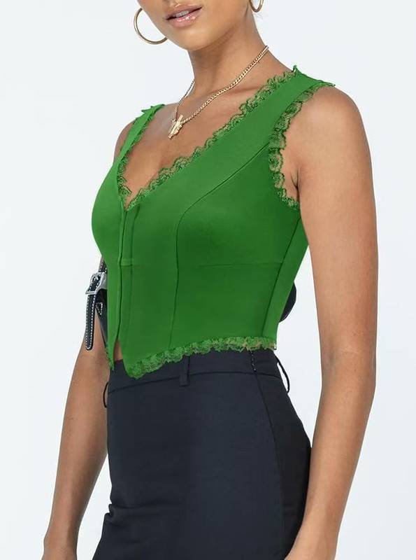 2-Pack Green French Vintage Lace Splice Camisole(S Size) - Slim Fit Halter Top with Back Detail and Button Placket