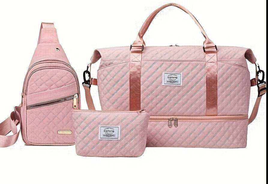 Women’s 3-Piece Travel Bag Set – Large Duffel, Crossbody Backpack & Toiletry Pouch for Gym, Maternity and Weekend Getaways (Pink)  | Other Colors Available in Store
