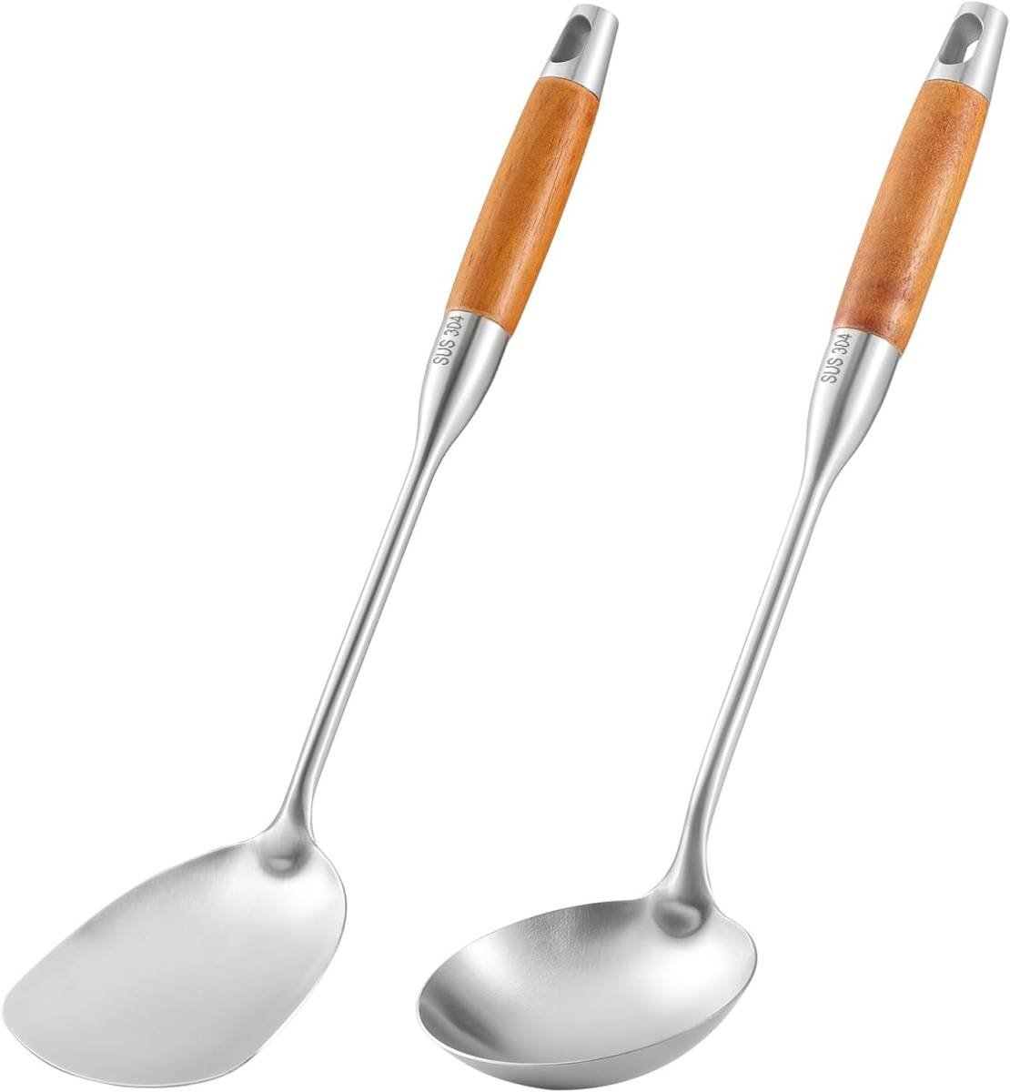 TsunNee 2PCS Stainless Steel Kitchen Utensil Set, 304 Stainless Steel Wok Spatula and Soup Ladle Set with Long Heat-Resistant Wooden Handle