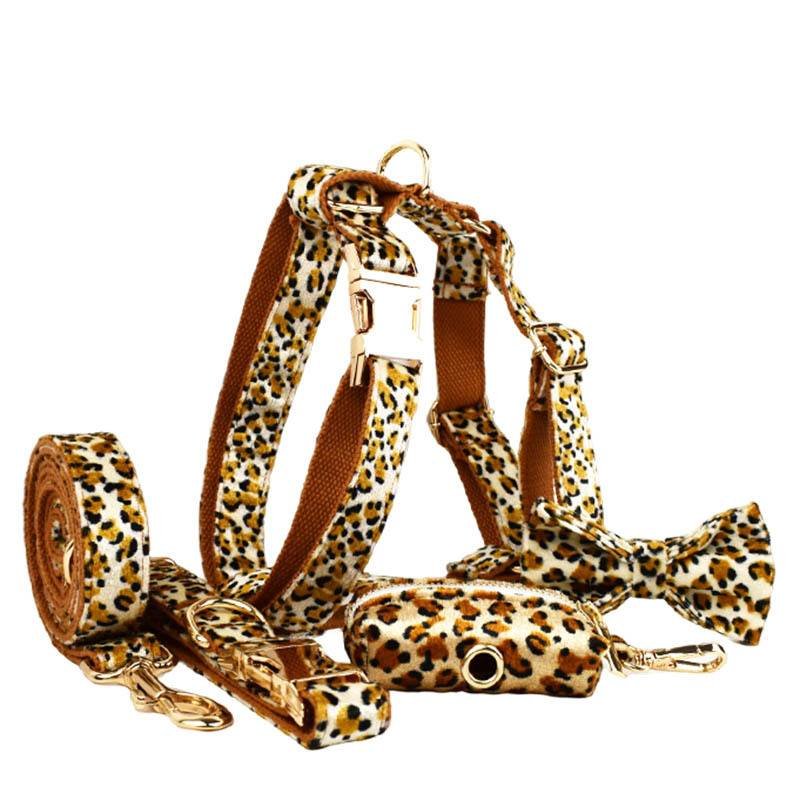 S Luxury 5 Piece Dog Harness and Collar Set Leopard Print with Leash Bow Tie & Waste Bag Holder Gold Metal Buckle Walking Gear