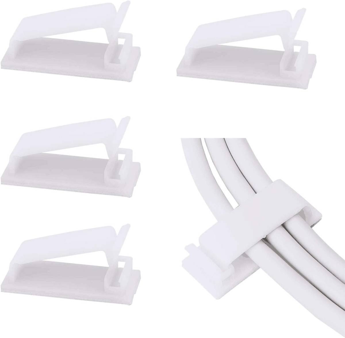 Adjustable Cable Clamps White - Set of 50 - Self-Adhesive Cable Clips - Cable Management for Desk & TV