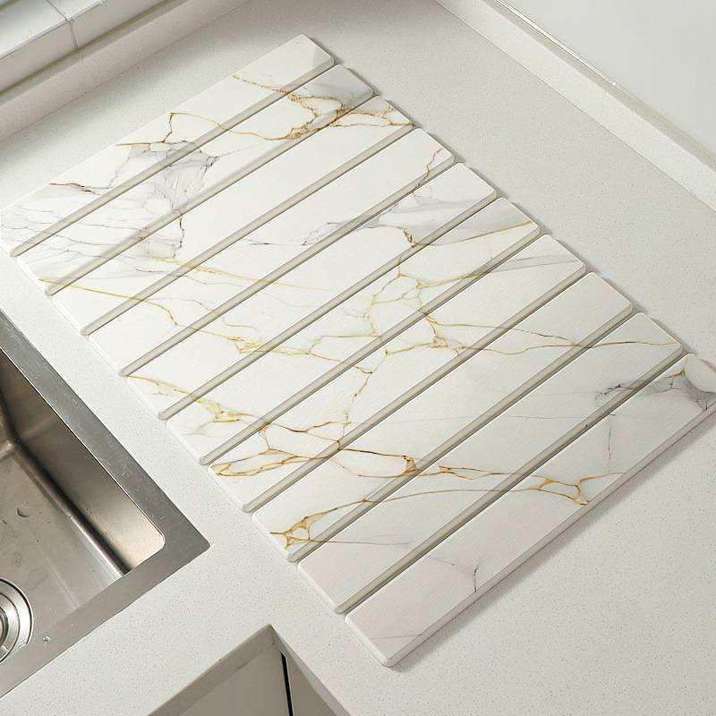 30x40cm Foldable Marble Pattern Kitchen Dish Drainer(Style 3) - Ultra-Absorbent Natural Stone Mat, Fast-Drying & Space-Saving
