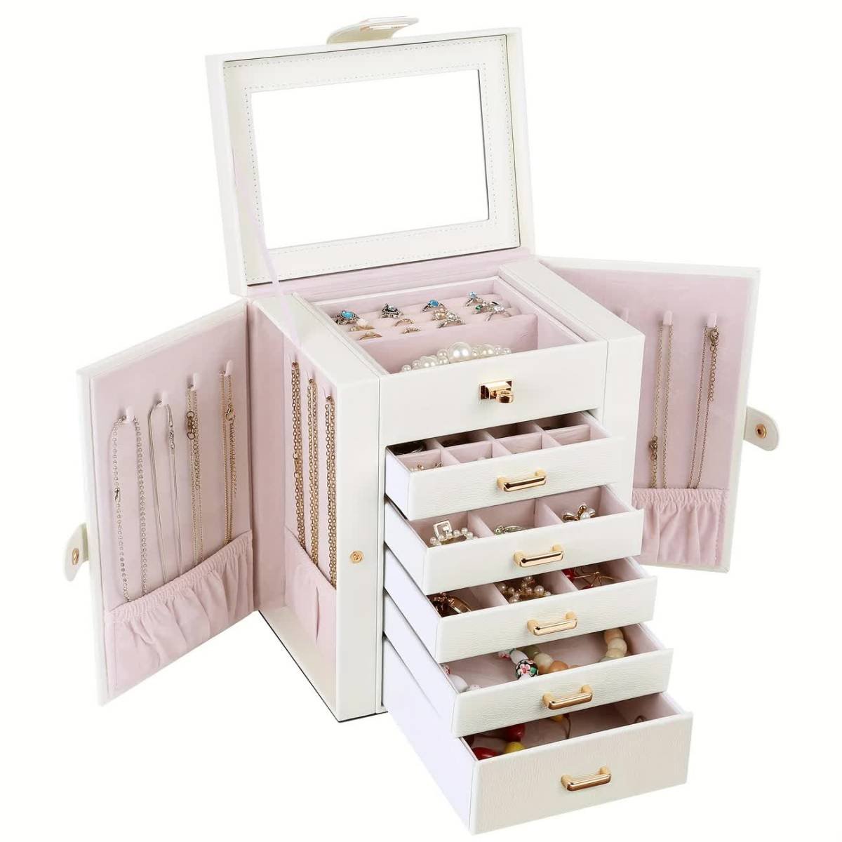 Women's Multi-functional Jewelry Box: Built-in Mirror, Multi-layer Drawer Storage, Side Hooks to Prevent Tangling and Protect Accessories.White